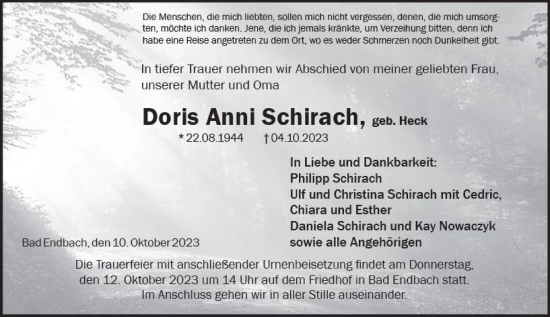 Traueranzeige von Doris Anni Schirach von Hinterländer Anzeiger