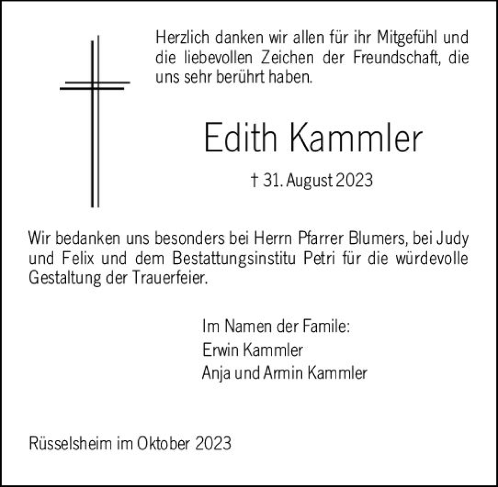  Traueranzeige für Edith Kammler vom 07.10.2023 aus Rüsselsheimer Echo