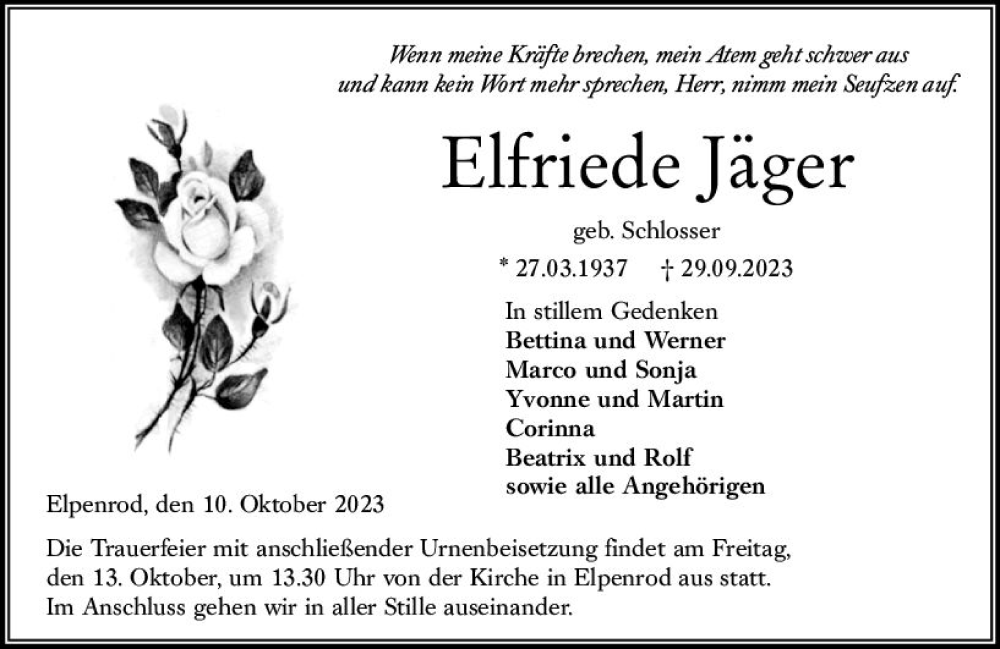  Traueranzeige für Elfriede Jäger vom 10.10.2023 aus VRM Trauer