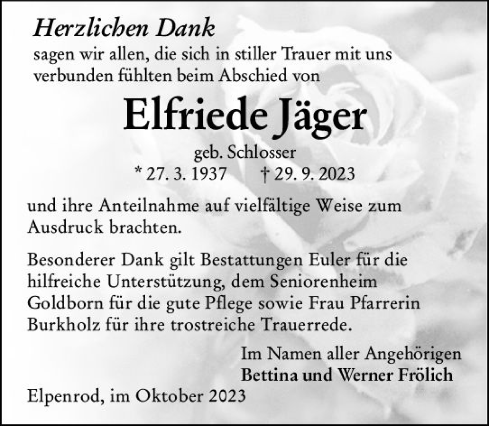  Traueranzeige für Elfriede Jäger vom 28.10.2023 aus Oberhessen Kurier