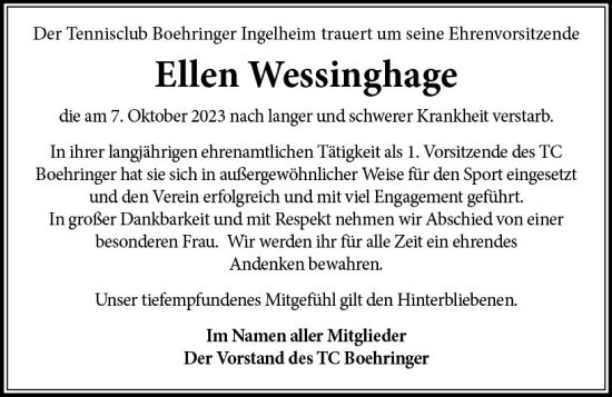 Traueranzeige von Ellen Wessinghage von Allgemeine Zeitung Bingen/Ingelheim