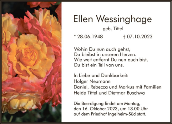 Traueranzeige von Ellen Wessinghage von Bingen/Ingelheim WOBL inkl. Neue Binger Ztg.