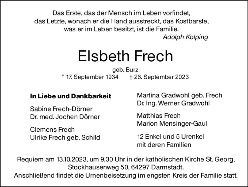  Traueranzeige für Elsbeth Frech vom 07.10.2023 aus Darmstädter Echo