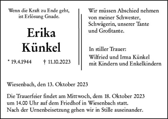 Traueranzeige von Erika Künkel von Hinterländer Anzeiger