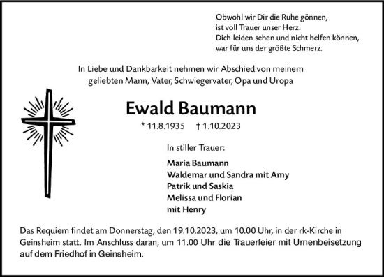 Traueranzeige von Ewald Baumann von Groß-Gerauer Echo