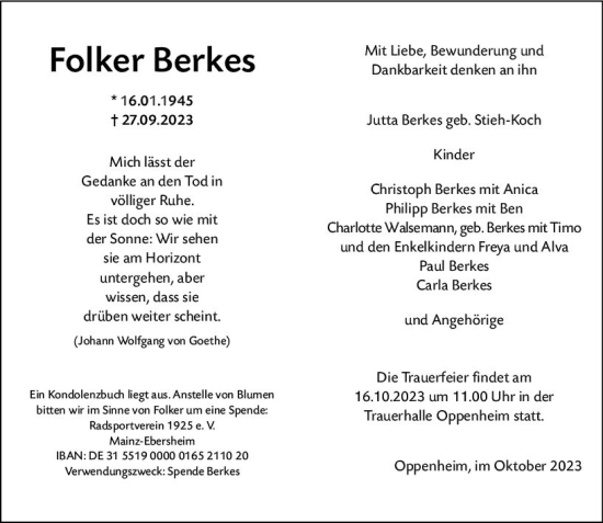 Traueranzeige von Folker Berkes von Allgemeine Zeitung Mainz