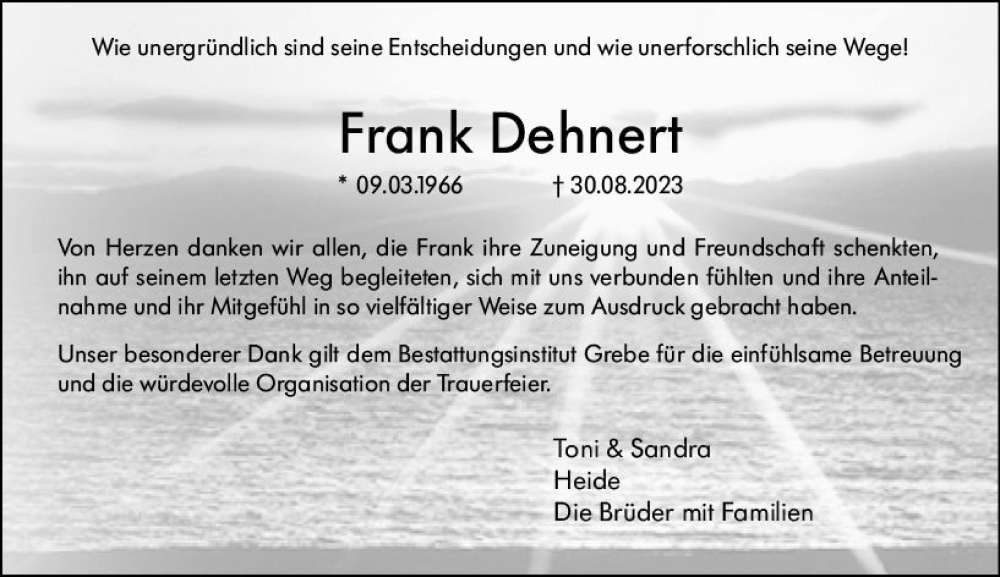  Traueranzeige für Frank Dehnert vom 28.10.2023 aus Hinterländer Anzeiger