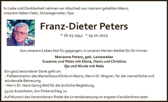Traueranzeige von Franz-Dieter Peters von Allgemeine Zeitung Mainz