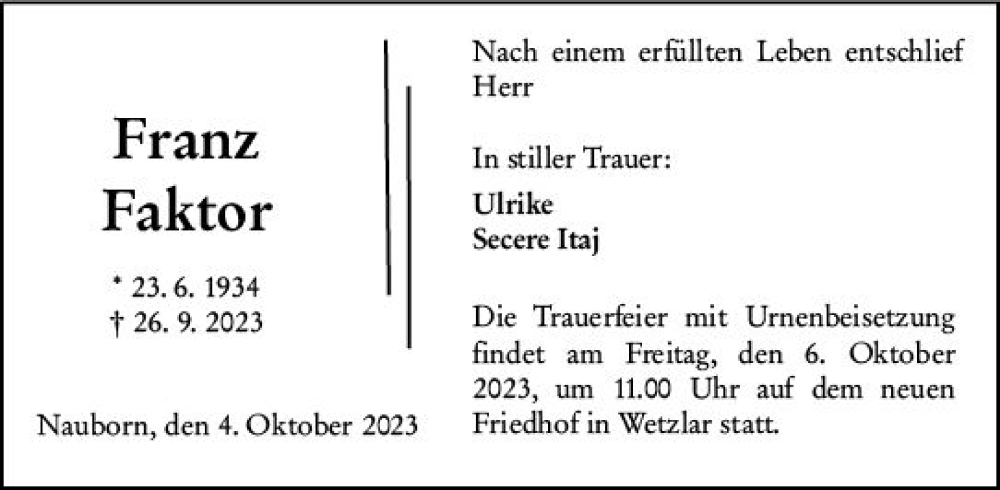  Traueranzeige für Franz Faktor vom 04.10.2023 aus Wetzlarer Neue Zeitung