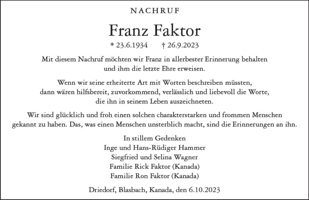  Traueranzeige für Franz Faktor vom 10.10.2023 aus Wetzlarer Neue Zeitung