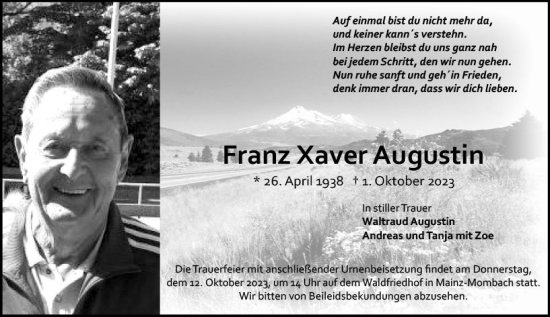 Traueranzeige von Franz Xaver Augustin von Allgemeine Zeitung Mainz