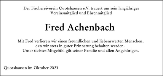 Traueranzeige von Fred Achenbach von Hinterländer Anzeiger
