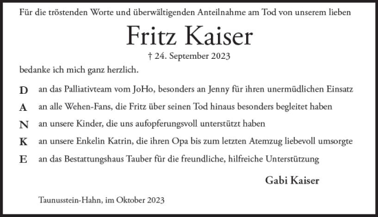 Traueranzeige von Fritz Kaiser von Wiesbadener Kurier