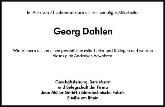 Traueranzeige von Georg Dahlen von Rheingau Kurier