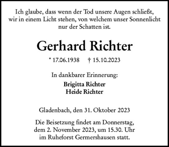Traueranzeige von Gerhard Richter von Hinterländer Anzeiger