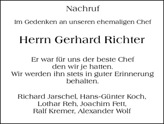 Traueranzeige von Gerhard Richter von Hinterländer Anzeiger