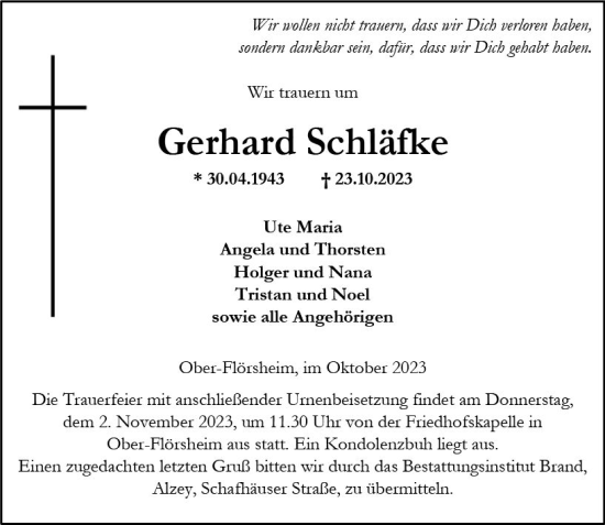 Traueranzeige von Gerhard Schläfke von Allgemeine Zeitung Alzey