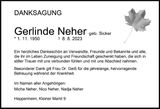 Traueranzeige von Gerlinde Neher von Starkenburger Echo