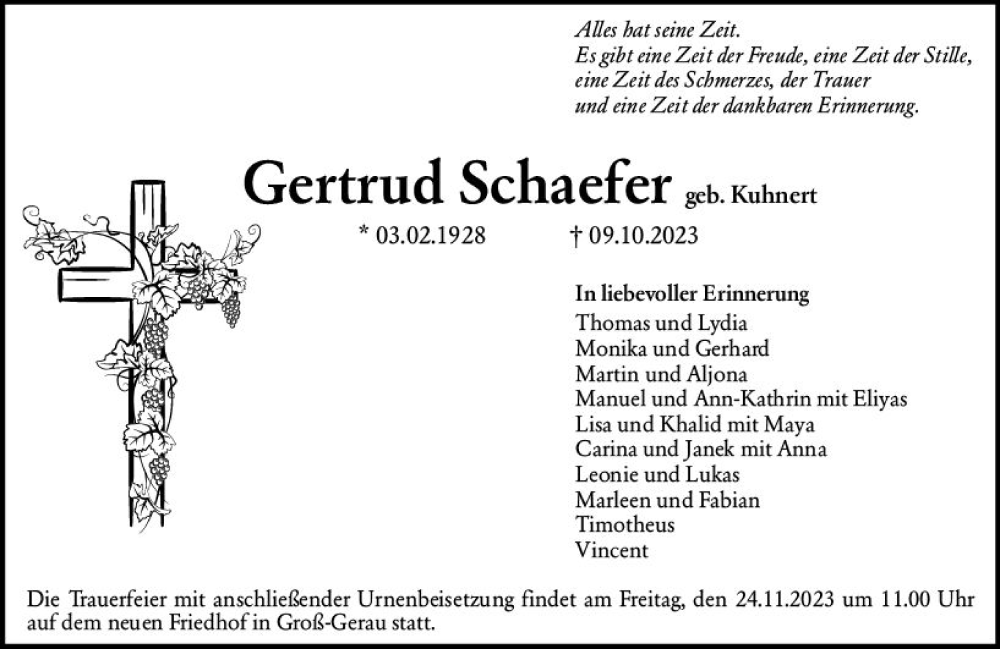  Traueranzeige für Gertrud Schaefer vom 28.10.2023 aus Groß-Gerauer Echo