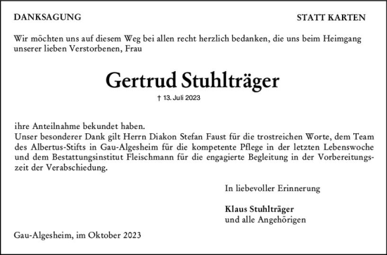 Traueranzeige von Gertrud Stuhlträger von Allgemeine Zeitung Bingen/Ingelheim