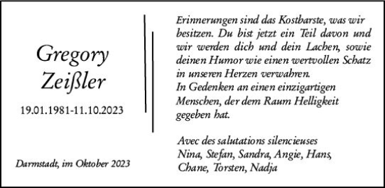 Traueranzeige von Gregory Zeißler von Darmstädter Echo