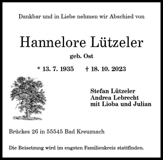 Traueranzeige von Hannelore Lützeler von Allgemeine Zeitung Bad Kreuznach