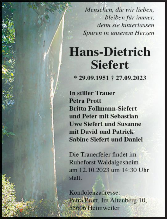 Traueranzeige von Hans-Dietrich Siefert von Allgemeine Zeitung Bad Kreuznach