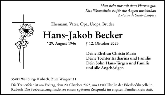 Traueranzeige von Hans-Jakob Becker von Weilburger Tageblatt