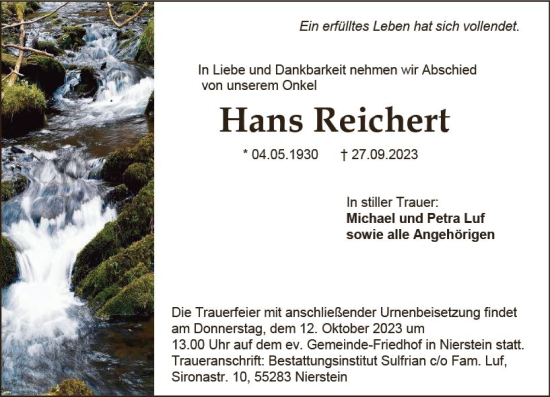 Traueranzeige von Hans Reichert von Allgemeine Zeitung Mainz
