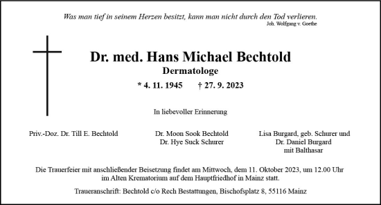Traueranzeige von Hans Michael Bechtold von Allgemeine Zeitung Mainz