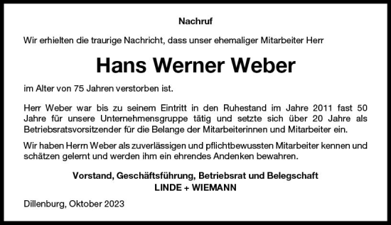 Traueranzeige von Hans Werner Weber von Dill Block