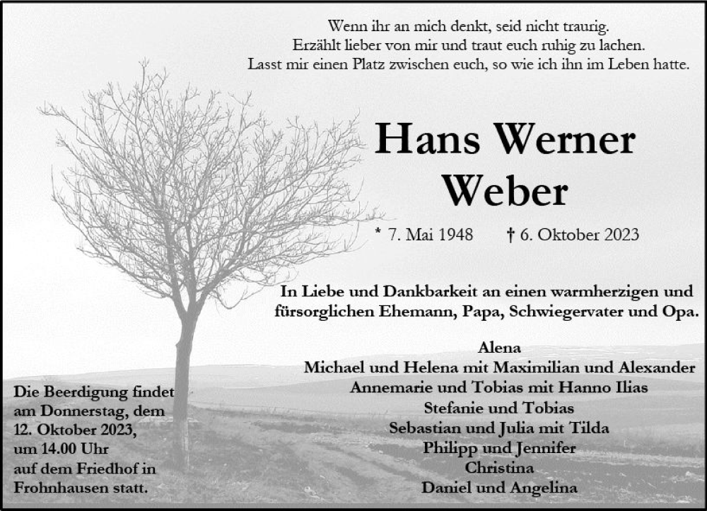  Traueranzeige für Hans Werner Weber vom 10.10.2023 aus Dill Block