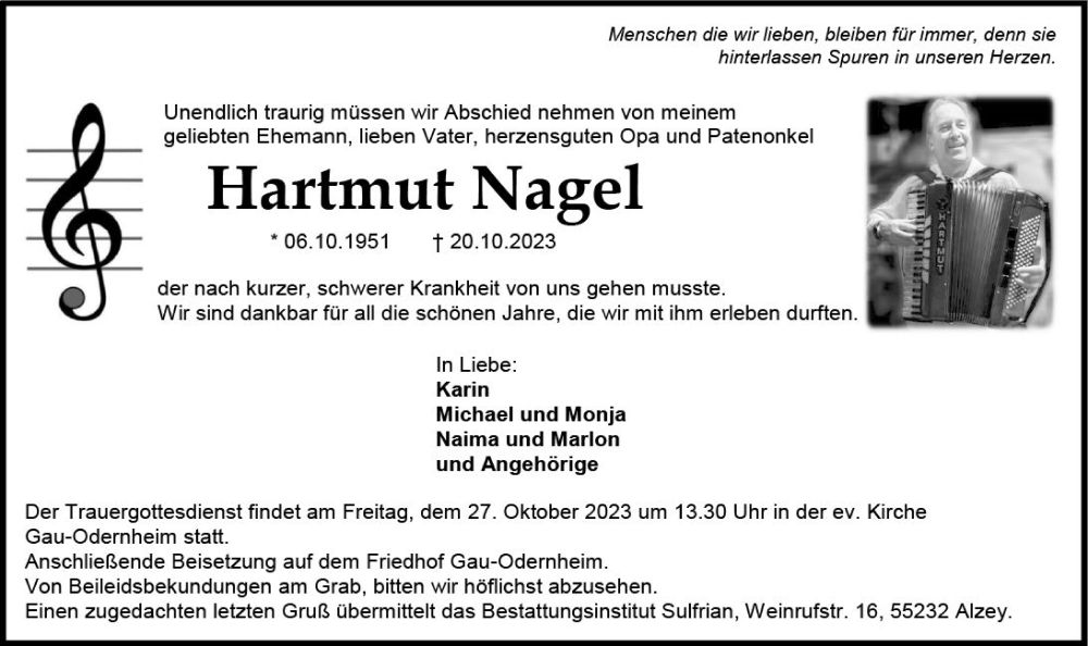  Traueranzeige für Hartmut Nagel vom 25.10.2023 aus Allgemeine Zeitung Alzey