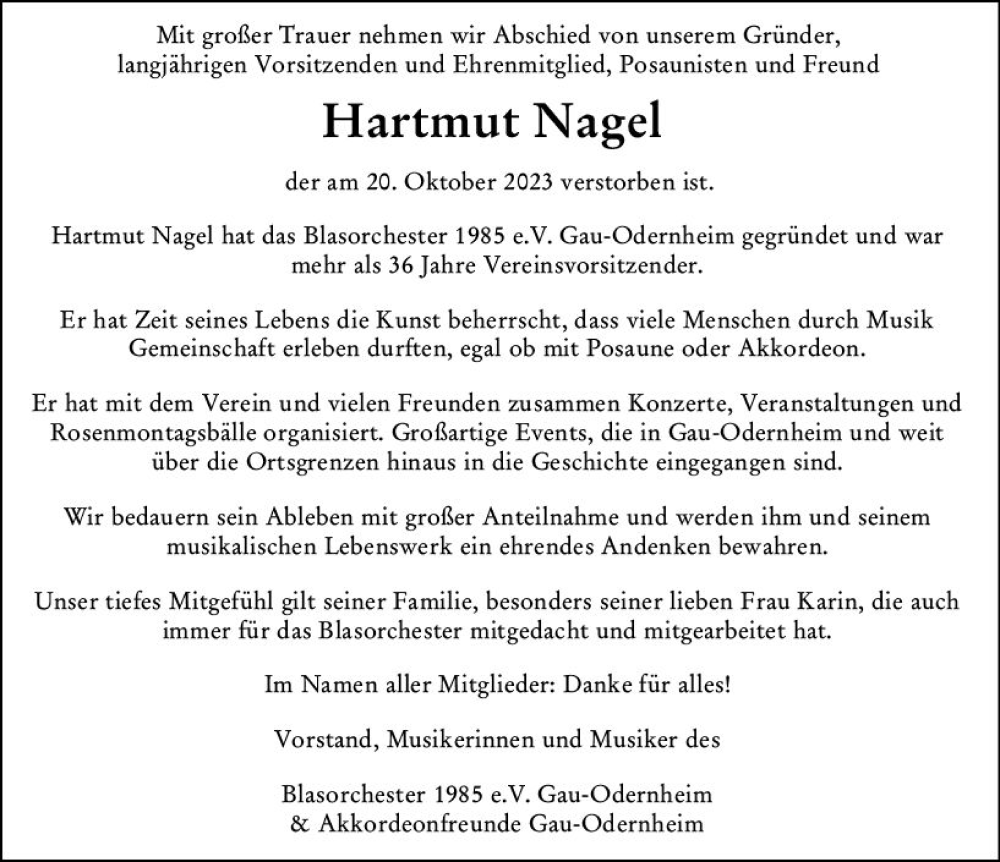  Traueranzeige für Hartmut Nagel vom 25.10.2023 aus Allgemeine Zeitung Alzey