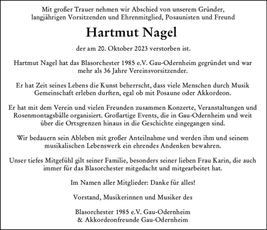 Traueranzeige von Hartmut Nagel von Allgemeine Zeitung Alzey