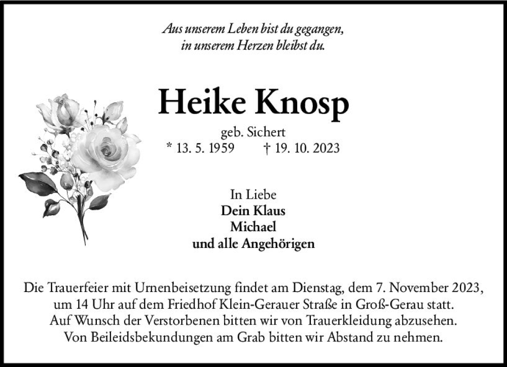  Traueranzeige für Heike Knosp vom 28.10.2023 aus Groß-Gerauer Echo