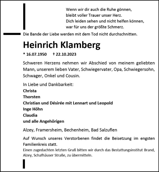 Traueranzeige von Heinrich Klamberg von Allgemeine Zeitung Alzey