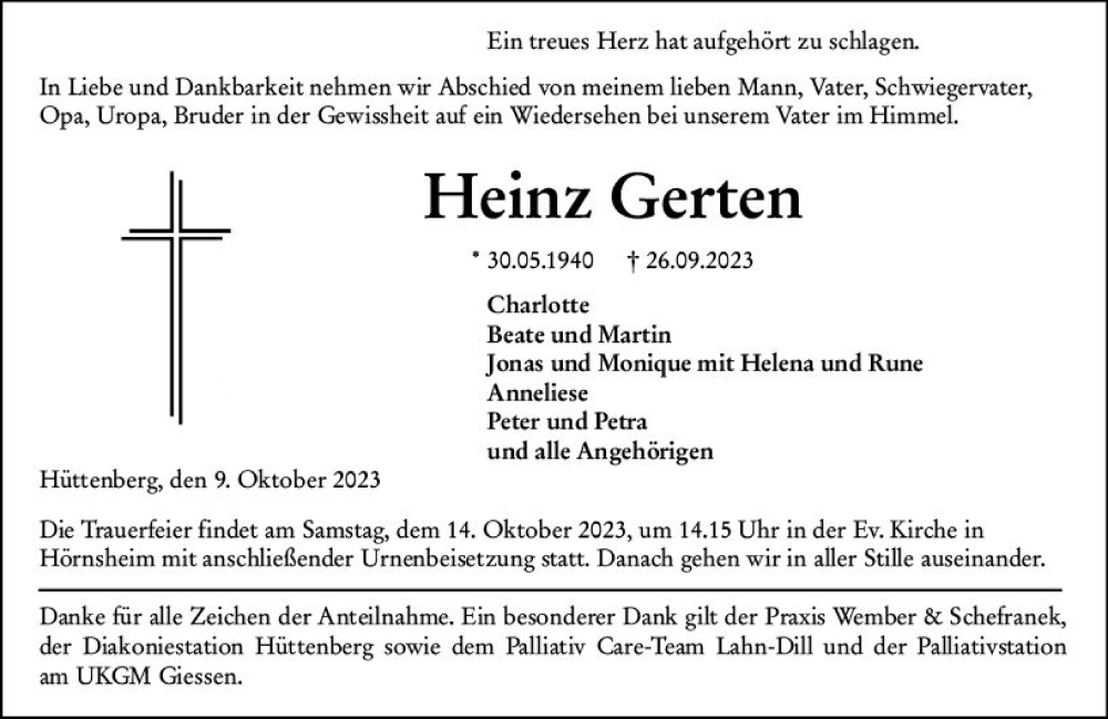  Traueranzeige für Heinz Gerten vom 09.10.2023 aus Wetzlarer Neue Zeitung