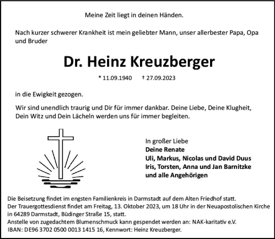 Traueranzeige von Heinz Kreuzberger von Darmstädter Echo