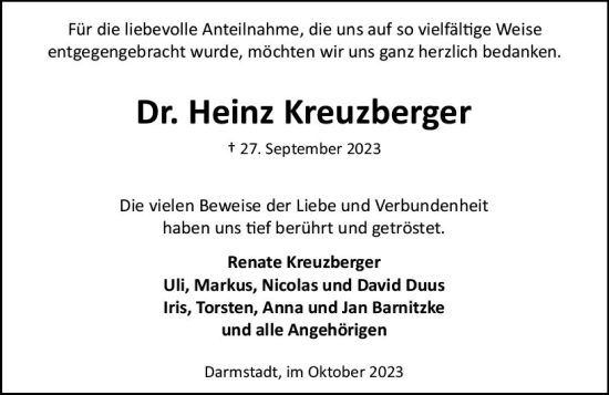 Traueranzeige von Heinz Kreuzberger von Darmstädter Echo
