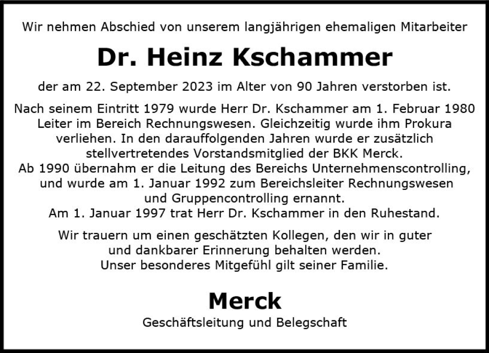 Traueranzeige für Heinz Kschammer vom 07.10.2023 aus Darmstädter Echo