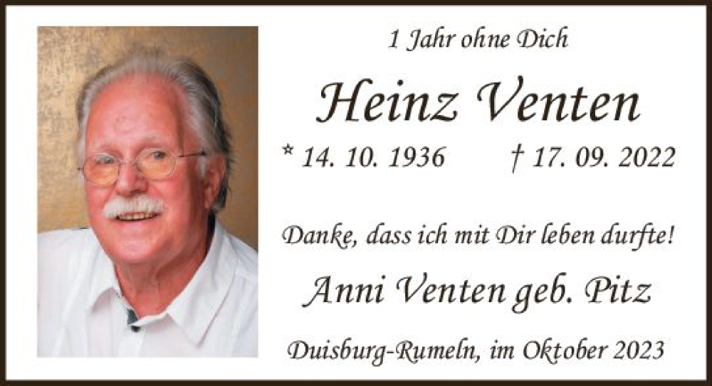  Traueranzeige für Heinz Venten vom 14.10.2023 aus Wetzlarer Neue Zeitung
