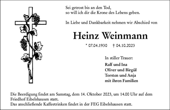 Traueranzeige von Heinz Weinmann von Dill Block