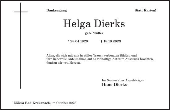 Traueranzeige von Helga Dierks von Allgemeine Zeitung Bad Kreuznach