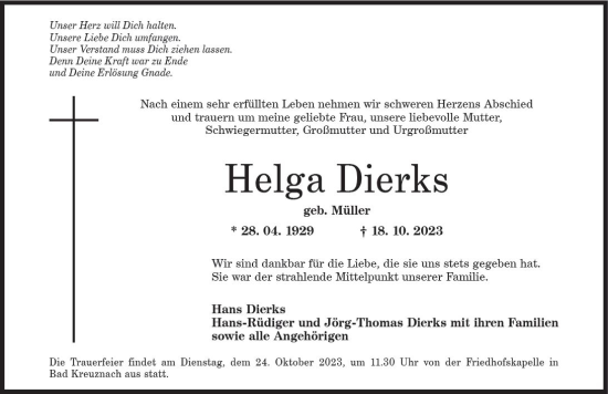 Traueranzeige von Helga Dierks von Allgemeine Zeitung Bad Kreuznach
