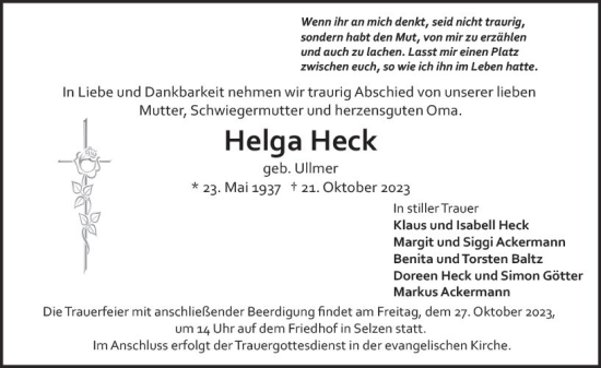 Traueranzeige von Helga Heck von Allgemeine Zeitung Mainz