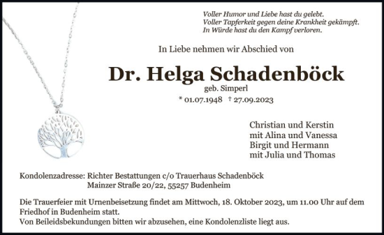 Traueranzeige von Helga Schadenböck von Allgemeine Zeitung Mainz