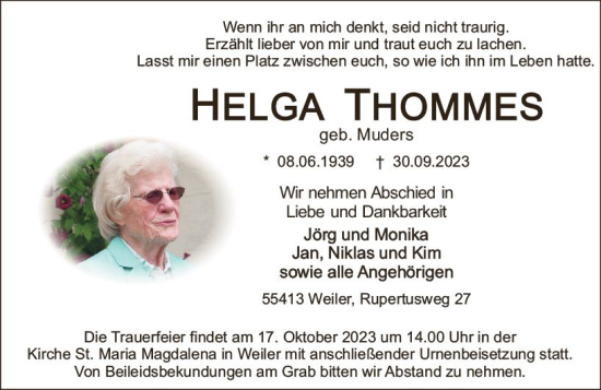 Traueranzeige von Helga Thommes von Allgemeine Zeitung Bingen/Ingelheim