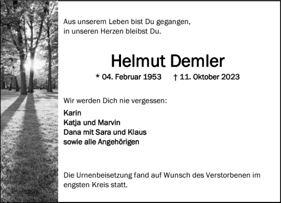 Traueranzeige von Helmut Demler von Allgemeine Zeitung Alzey