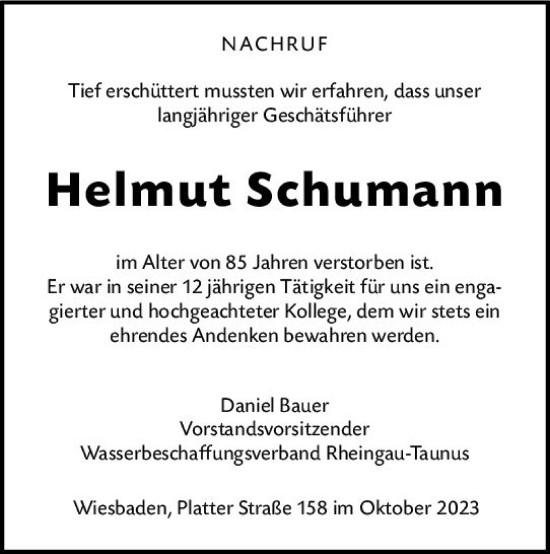 Traueranzeige von Helmut Schumann von Wiesbadener Kurier